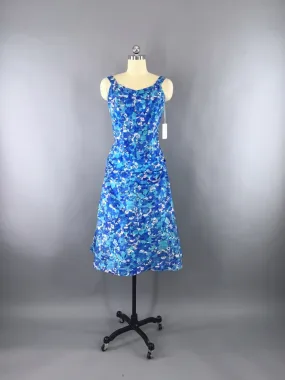 1950s Vintage Garden Party Blue Floral Print Dress