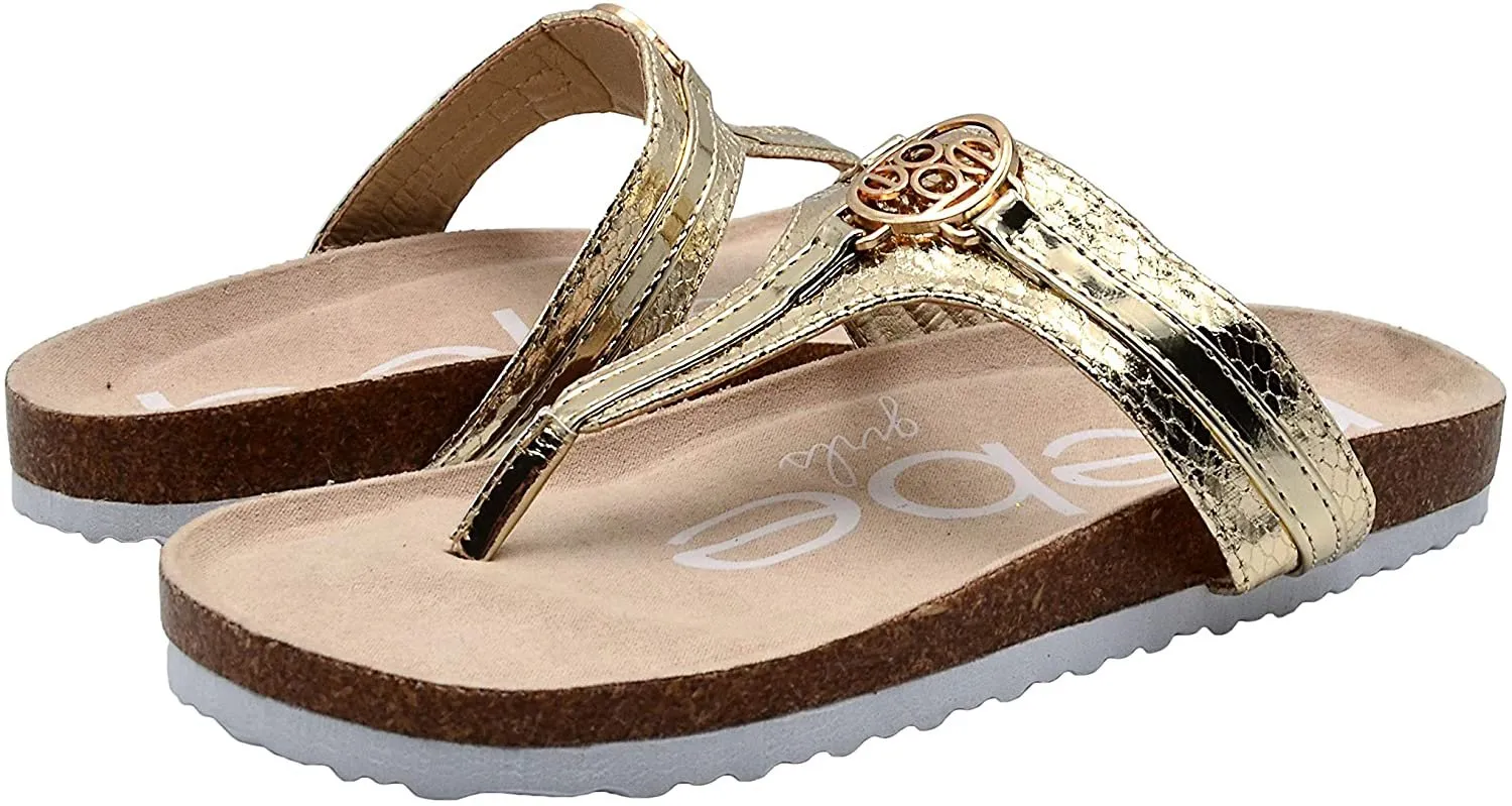 bebe Girls Big Kid Glitter Snake Print Footbed Slide Sandal with Metallic Strap - Fashion Summer Shoes