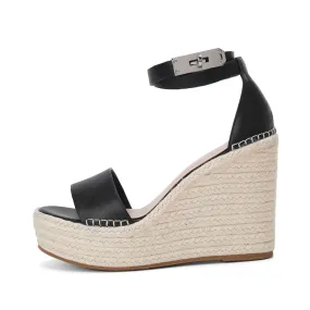 Casual Ankle Strap Platform Open Round Toe Wedge Espadrilles - Black