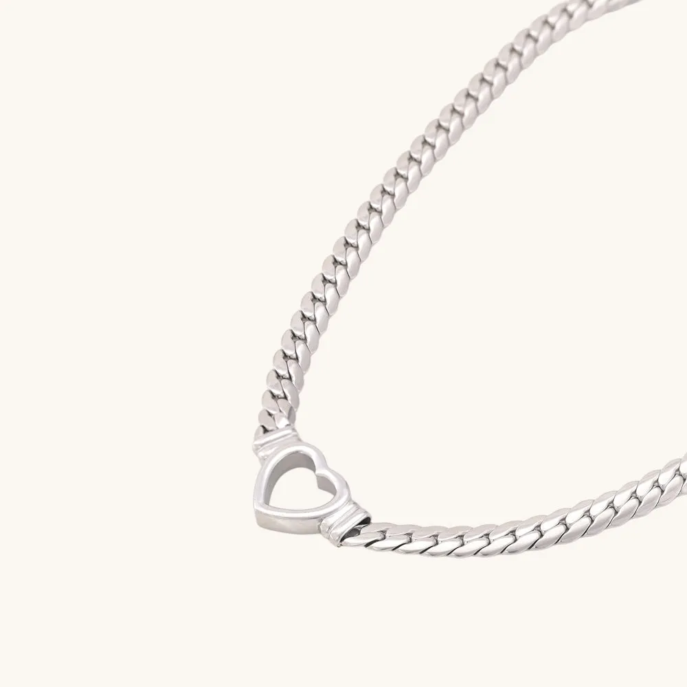 Cuban Chain Hollow Heart Necklace | 18K White Gold Plated