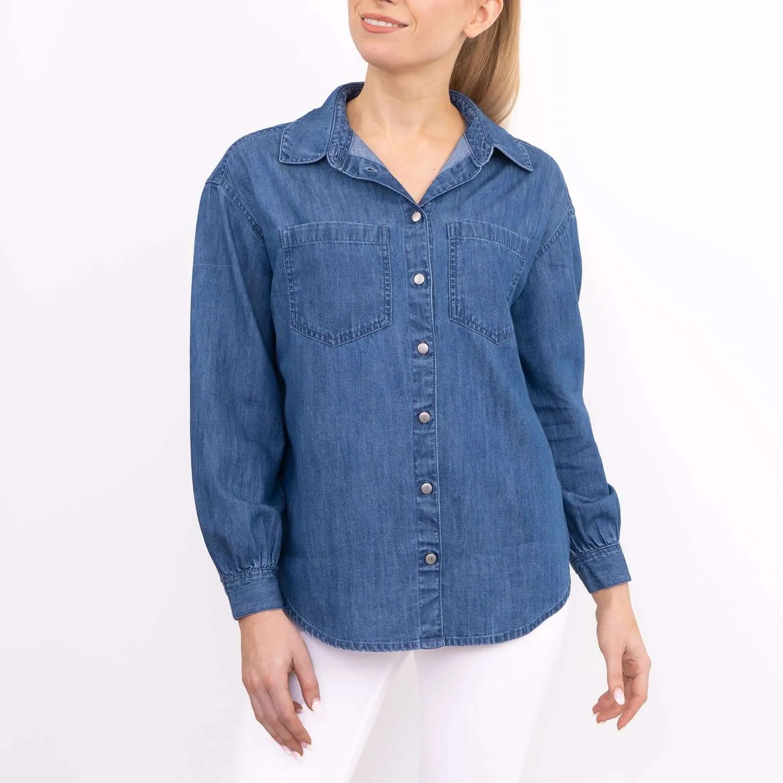 F&F Blue Denim Long Sleeve Shirts Button-Up Tops