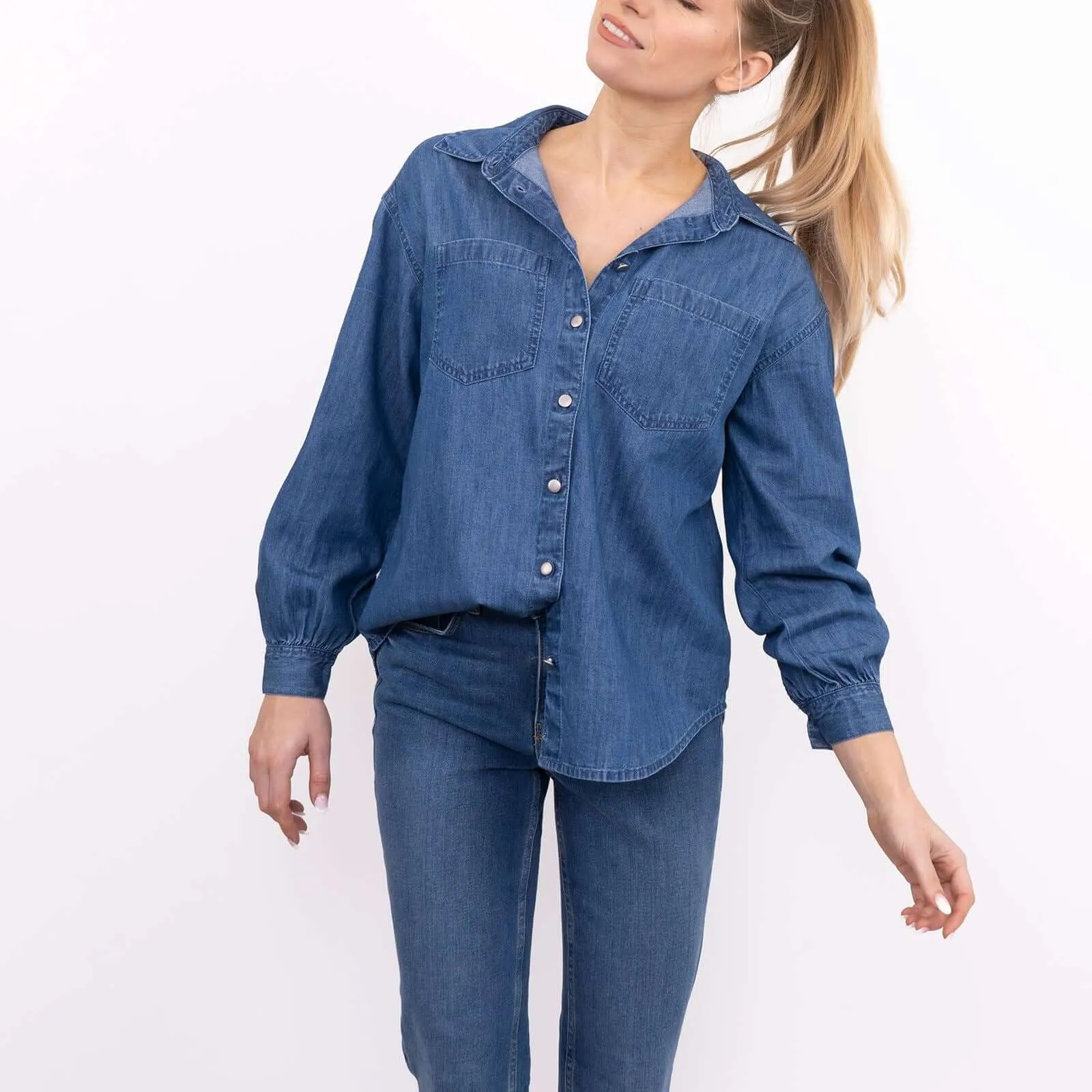 F&F Blue Denim Long Sleeve Shirts Button-Up Tops