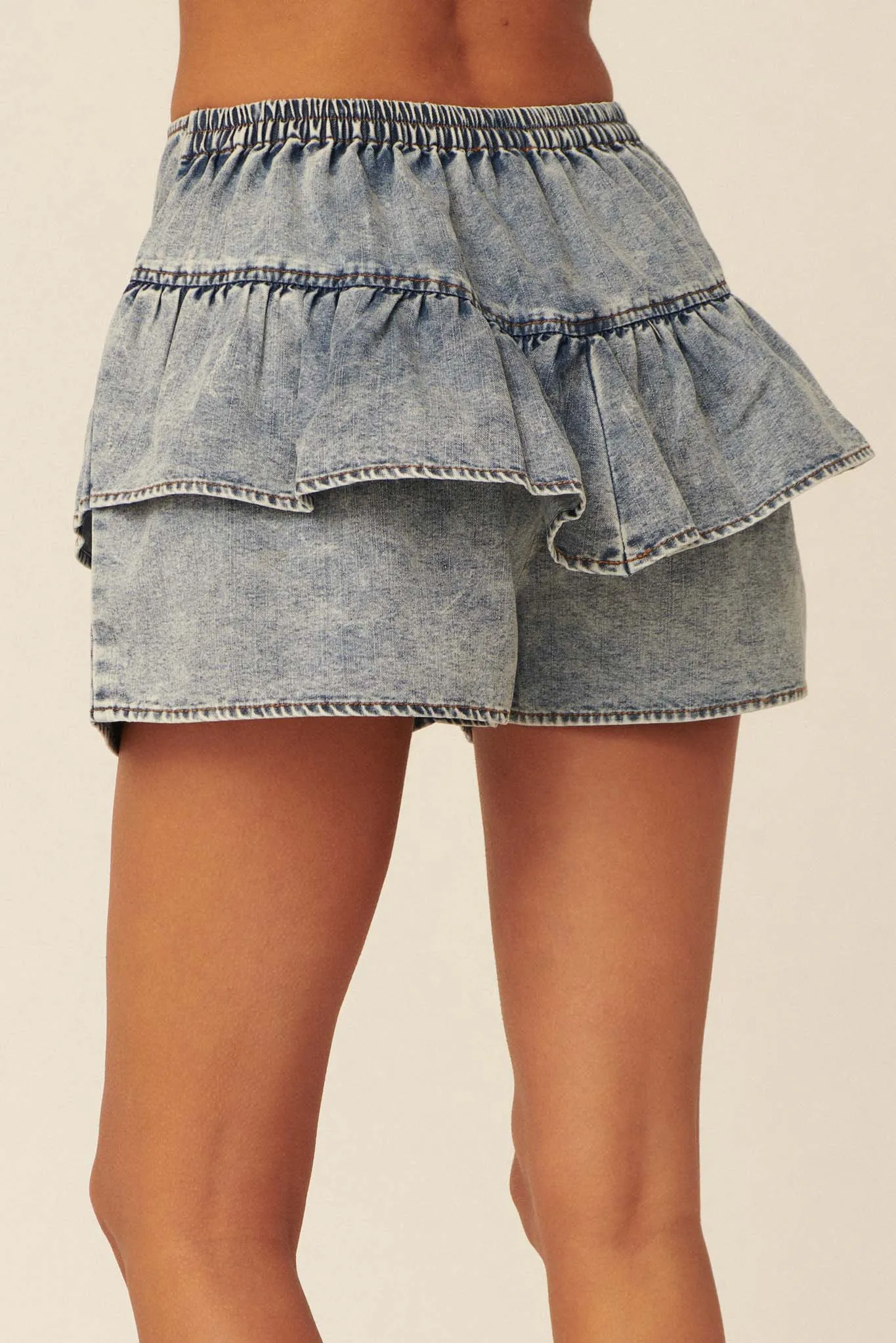 Flirty Dancing Acid-Wash Denim Ruffle Shorts