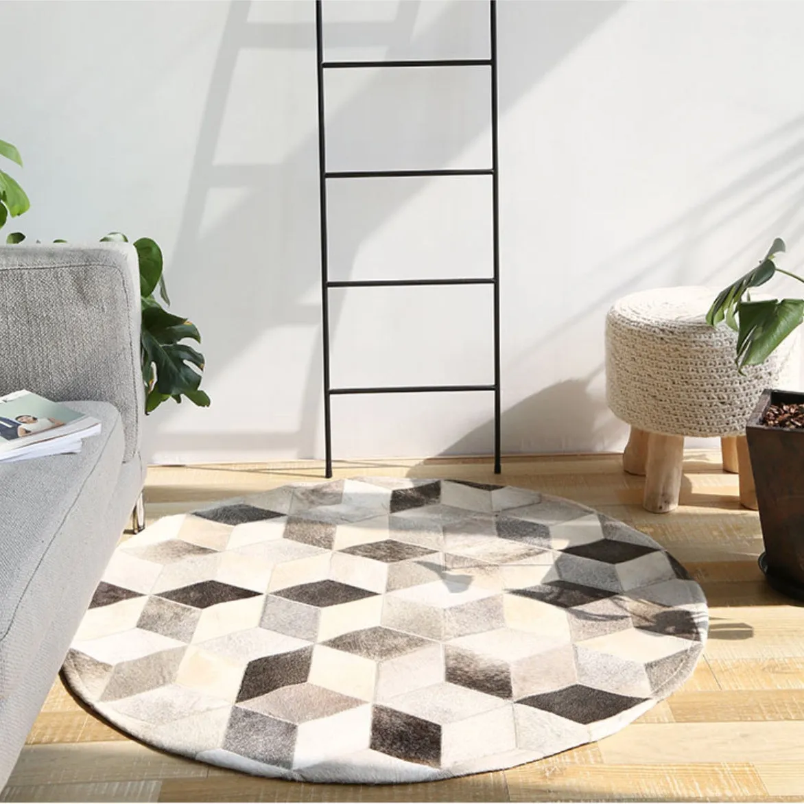 Grey and White Patchwork Round Cowhide Rug