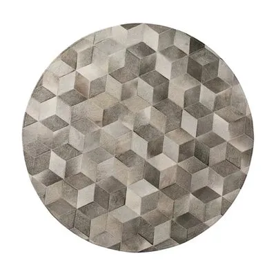 Grey and White Patchwork Round Cowhide Rug