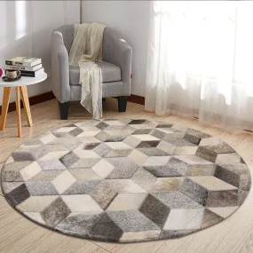 Grey and White Patchwork Round Cowhide Rug