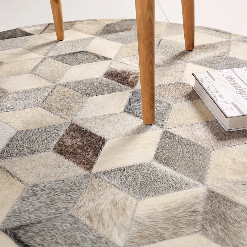 Grey and White Patchwork Round Cowhide Rug