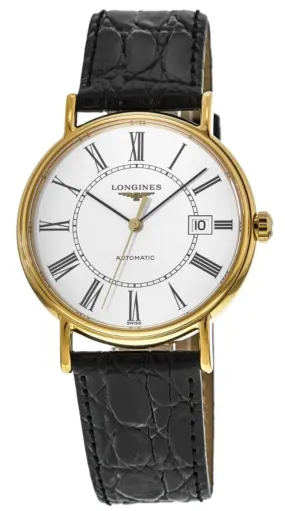 Longines Presence Automatic Yellow Gold PVD White Dial Black Leather Strap Date Mens Watch L4.922.2.11.2