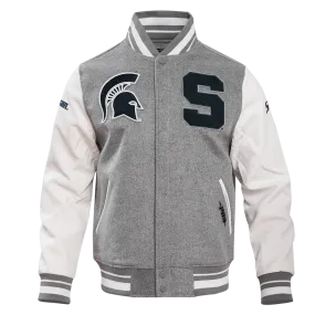 MICHIGAN STATE UNIVERSITY CLASSIC RIB WOOL MEN'S VARSITY JACKET (HEATHER GREY/WHITE)