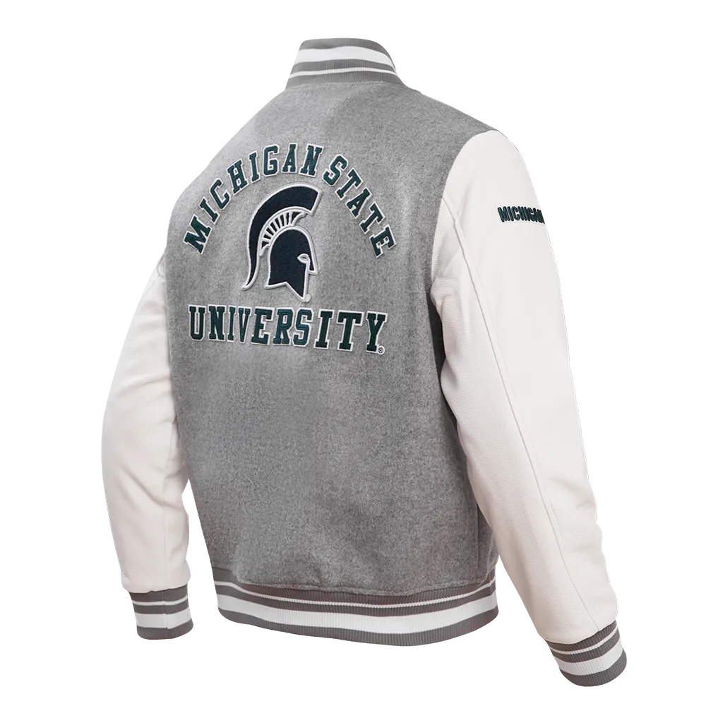 MICHIGAN STATE UNIVERSITY CLASSIC RIB WOOL MEN'S VARSITY JACKET (HEATHER GREY/WHITE)