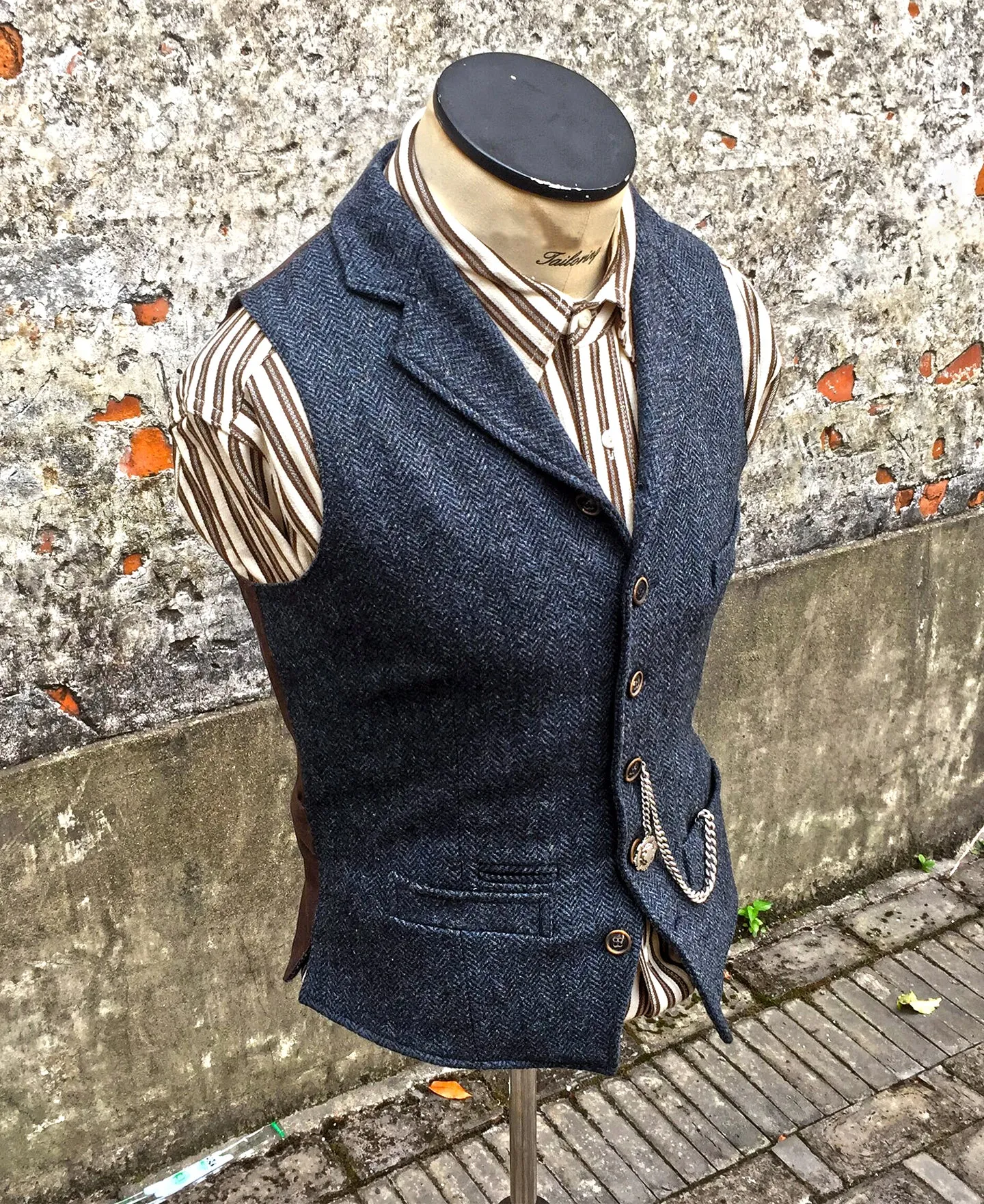 Navy Herringbone Tweed Lapel Vest