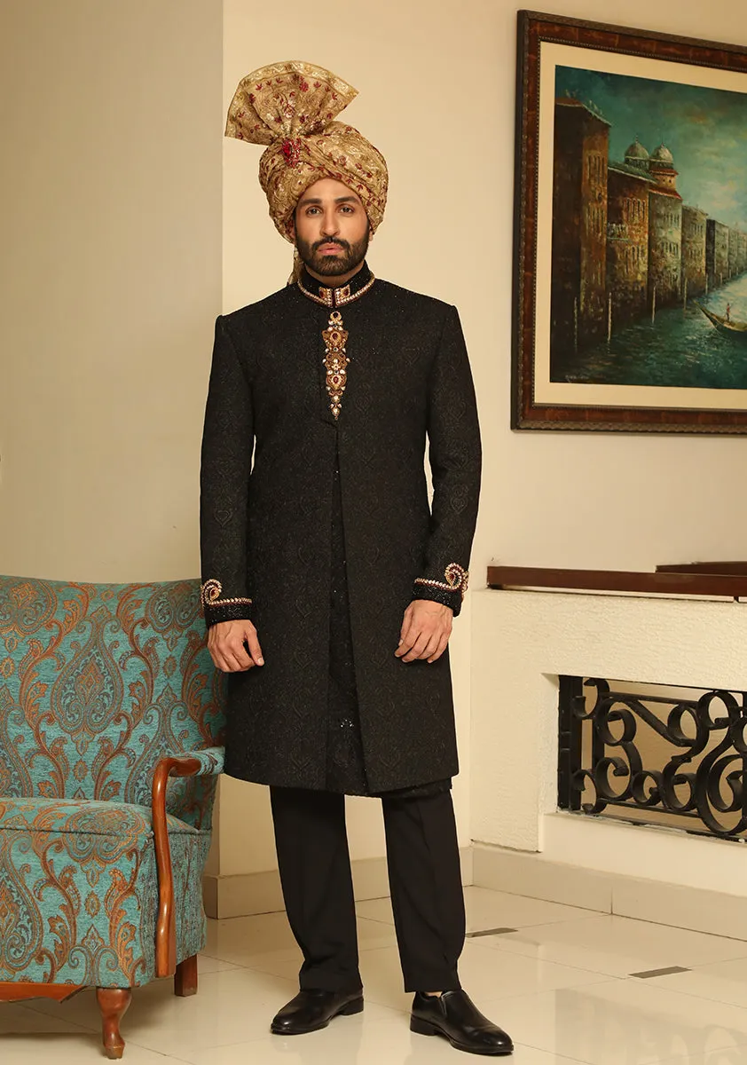 Premium Tilla Textured Black Sherwani