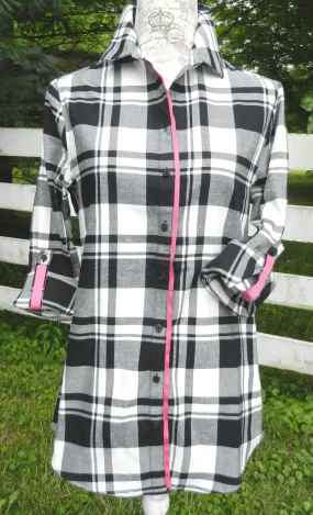 SALE - XS ONLY - Saturday Tunic Black and White Plaid w Pink Ribbon (Sat-Pink) *FINAL SALE*