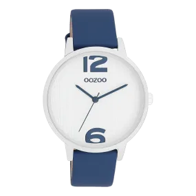 Silver coloured OOZOO watch with dark blue leather strap - C11238