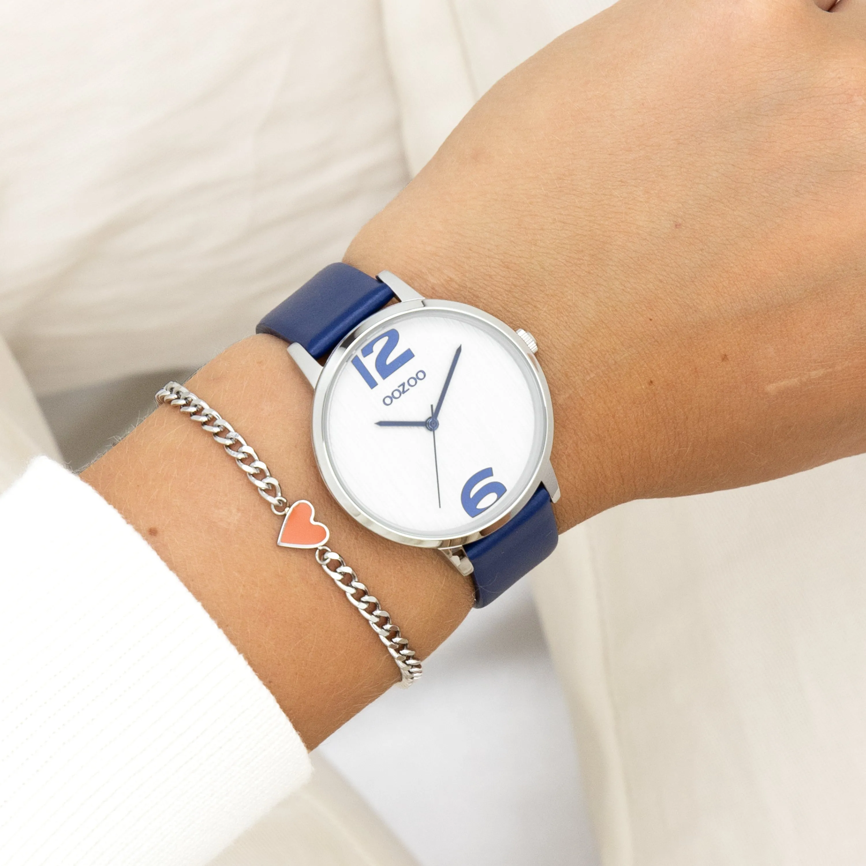 Silver coloured OOZOO watch with dark blue leather strap - C11238