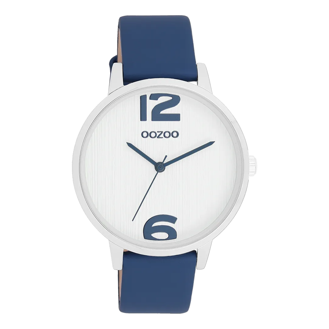 Silver coloured OOZOO watch with dark blue leather strap - C11238