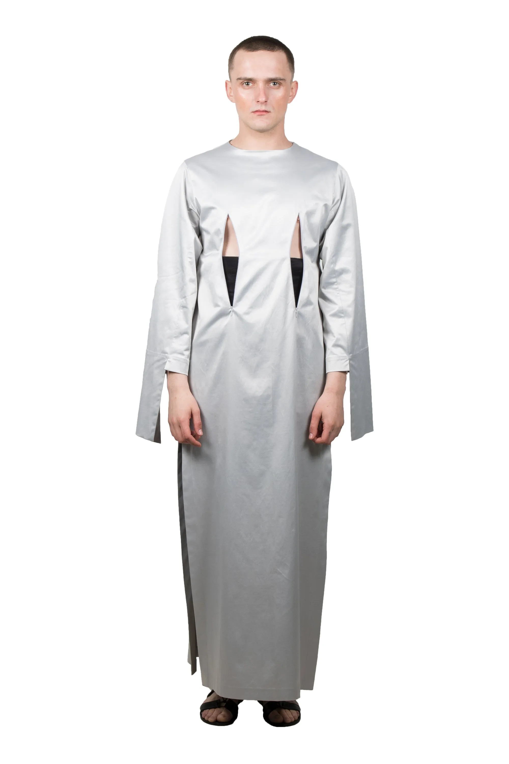 Silver Slashed Long-sleeved Dress