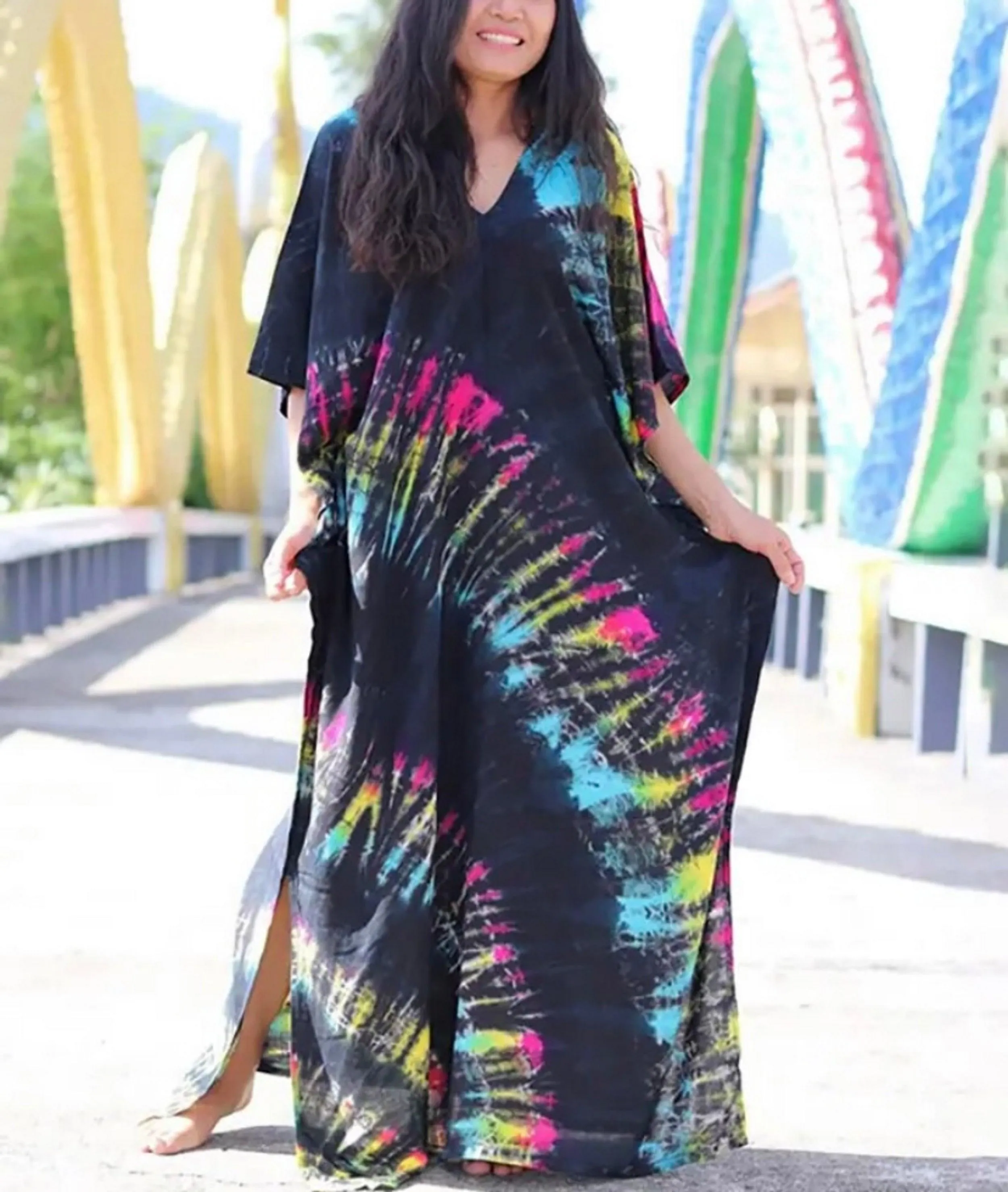 Tie Dye Boho Kaftan, Bohemian Kaftan Dress, Boho Retro Striped Tie Dye Women Swimsuit Cover Up, Beach Dress Kaftan