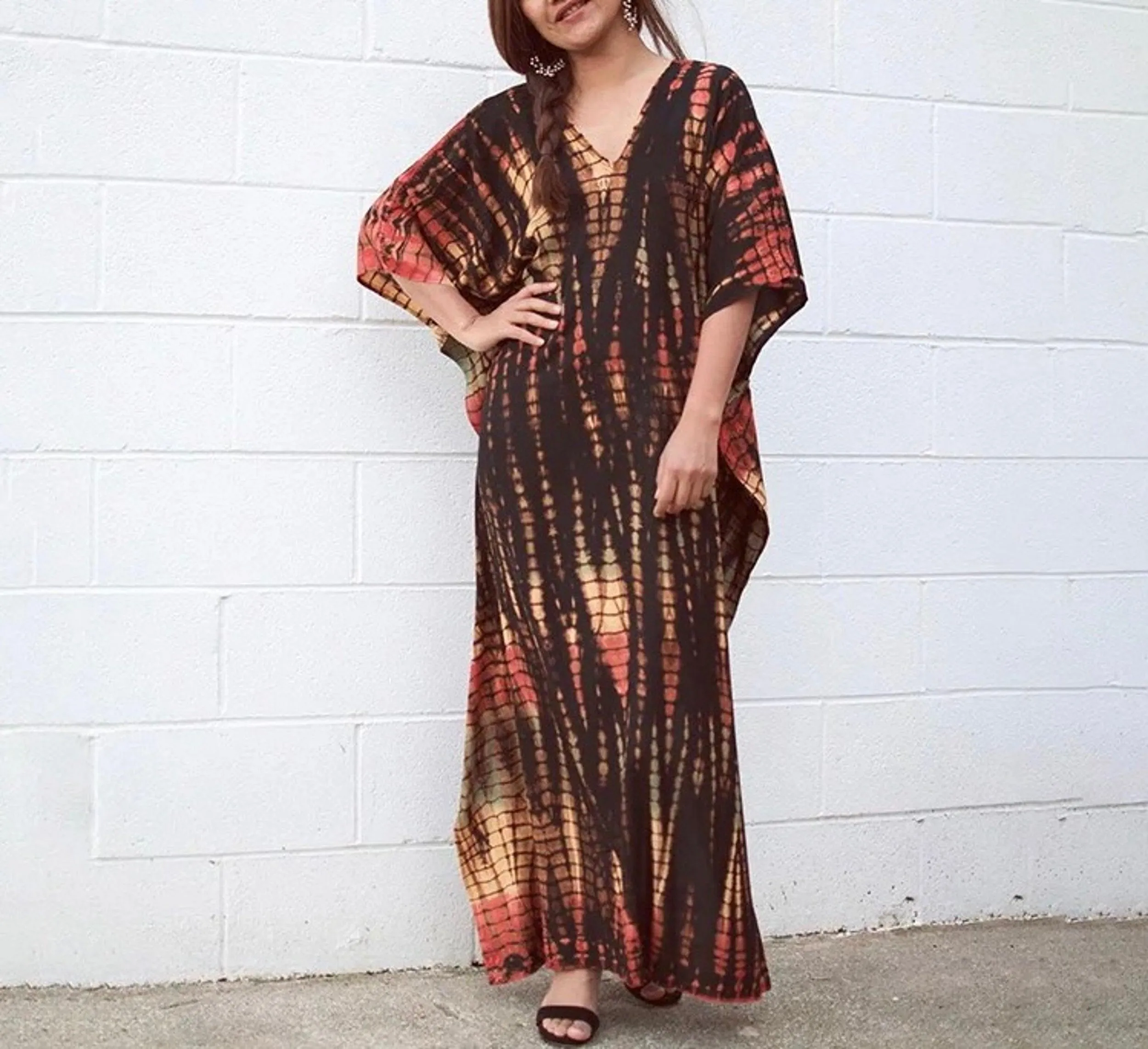 Tie Dye Boho Kaftan, Bohemian Kaftan Dress, Boho Retro Striped Tie Dye Women Swimsuit Cover Up, Beach Dress Kaftan