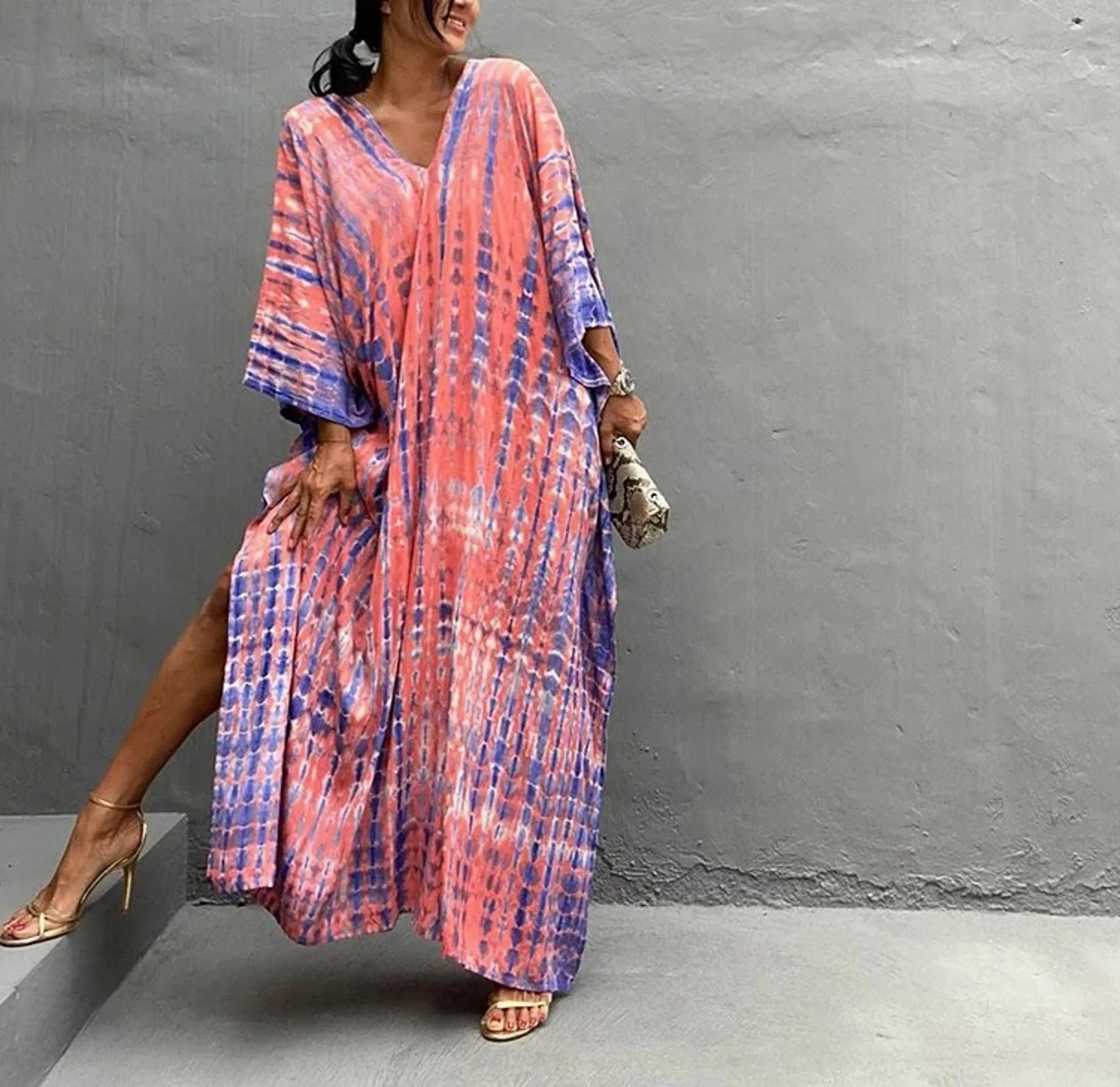 Tie Dye Boho Kaftan, Bohemian Kaftan Dress, Boho Retro Striped Tie Dye Women Swimsuit Cover Up, Beach Dress Kaftan