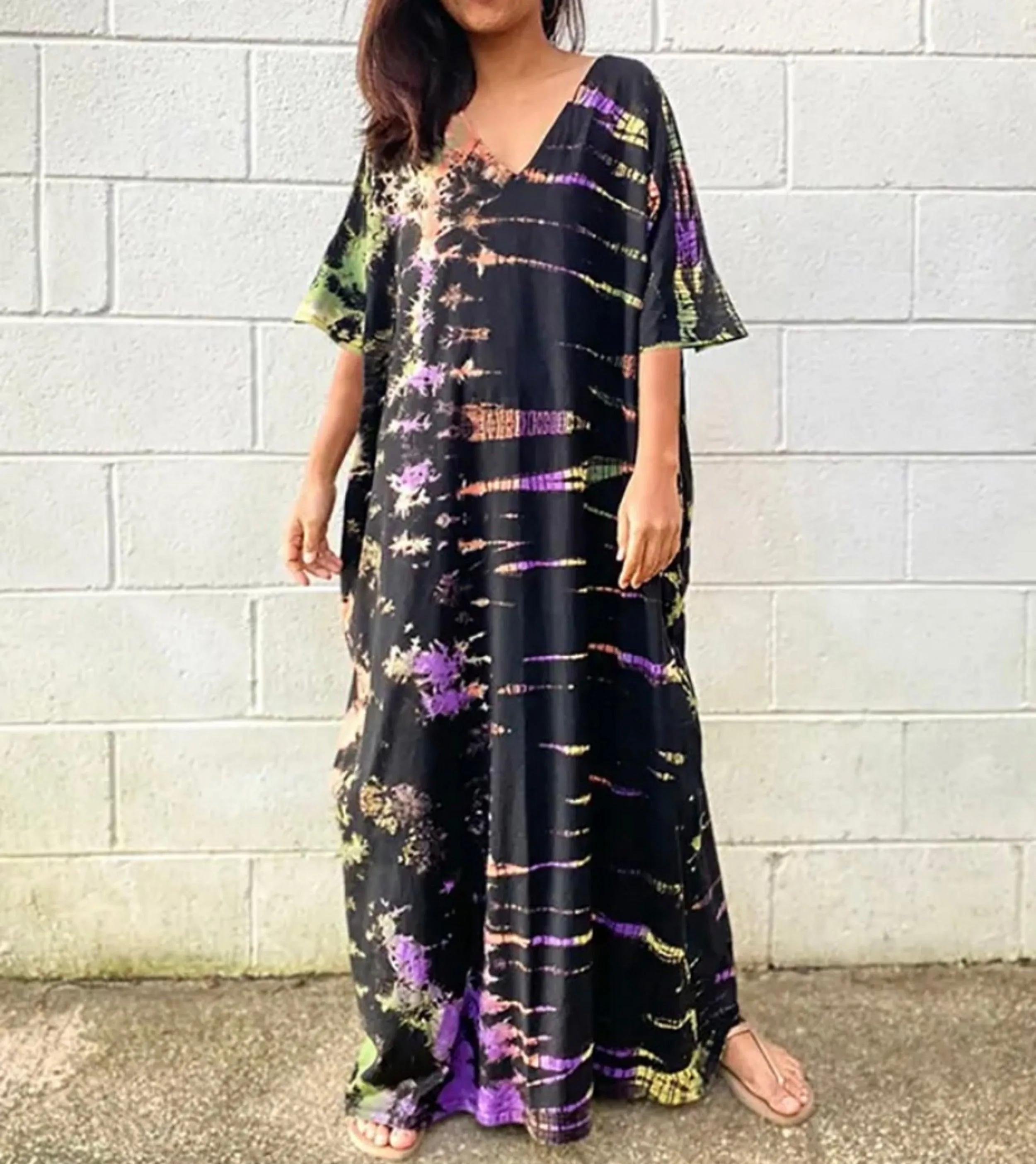 Tie Dye Boho Kaftan, Bohemian Kaftan Dress, Boho Retro Striped Tie Dye Women Swimsuit Cover Up, Beach Dress Kaftan