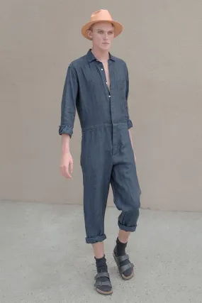 water-washed linen union-suit indigo