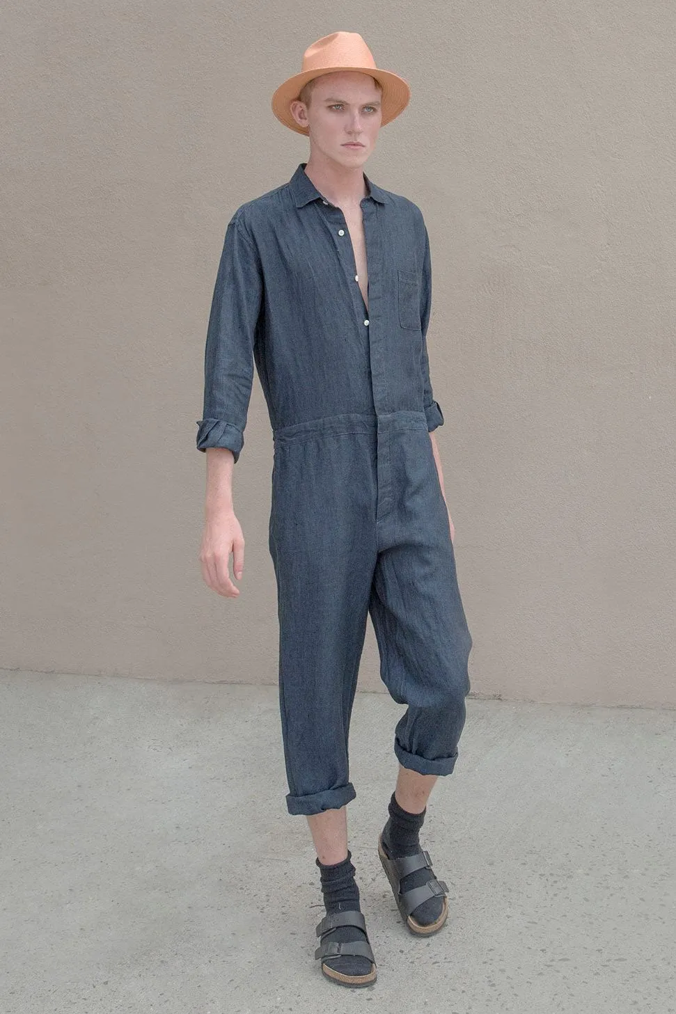 water-washed linen union-suit indigo