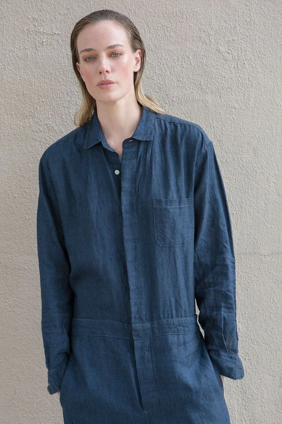 water-washed linen union-suit indigo