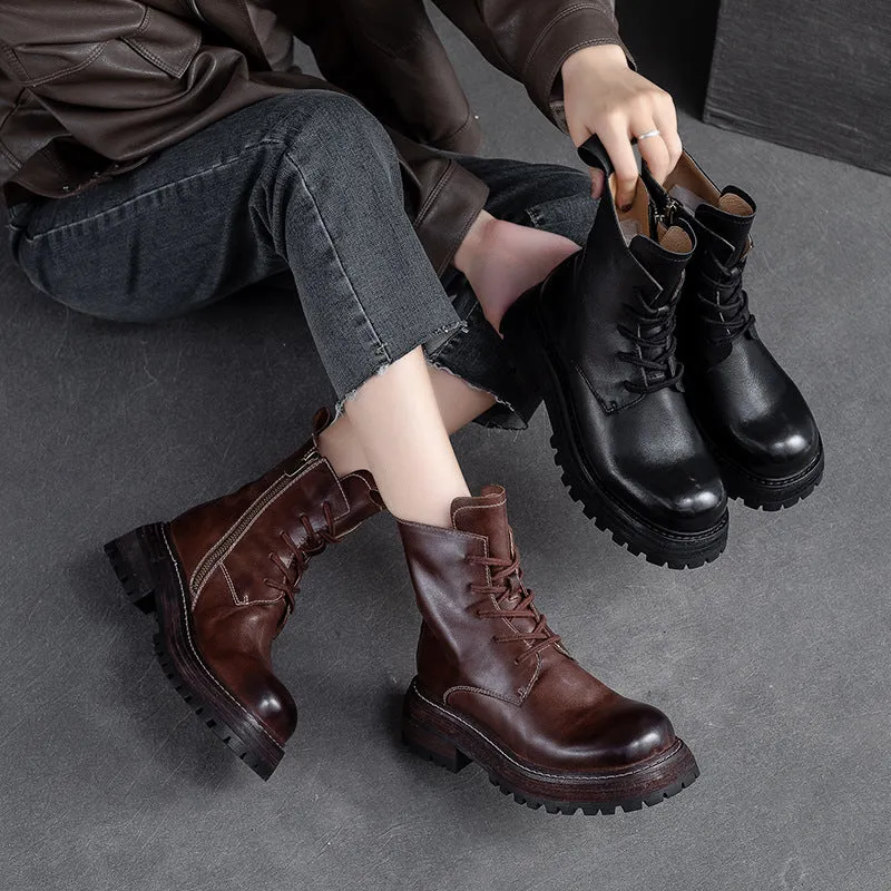 Women Classic Cowhide Patchwork Leather Combat Boots