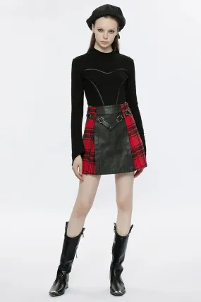 Women's Black Red Plaid Splicing Rivet Metal Buckle Belt Daily A-Line Personality Mini Skirt